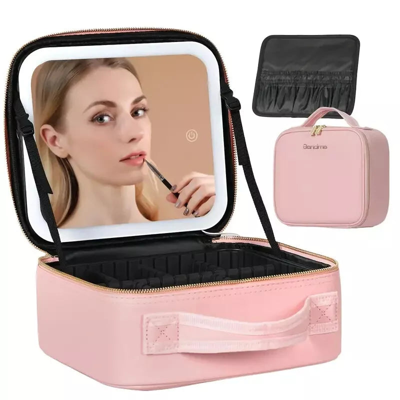 Travel Makeup Bag with LED Lighted Make up Case with Mirror Cosmetic  Organizer
