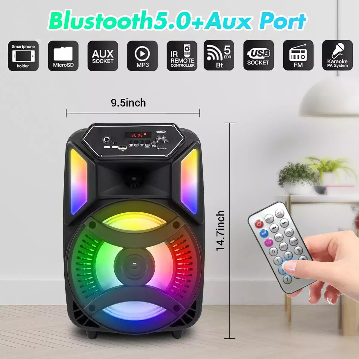 8" 1000W Portable Bluetooth Speaker Sound System DJ Party PA Remote FM USB LED